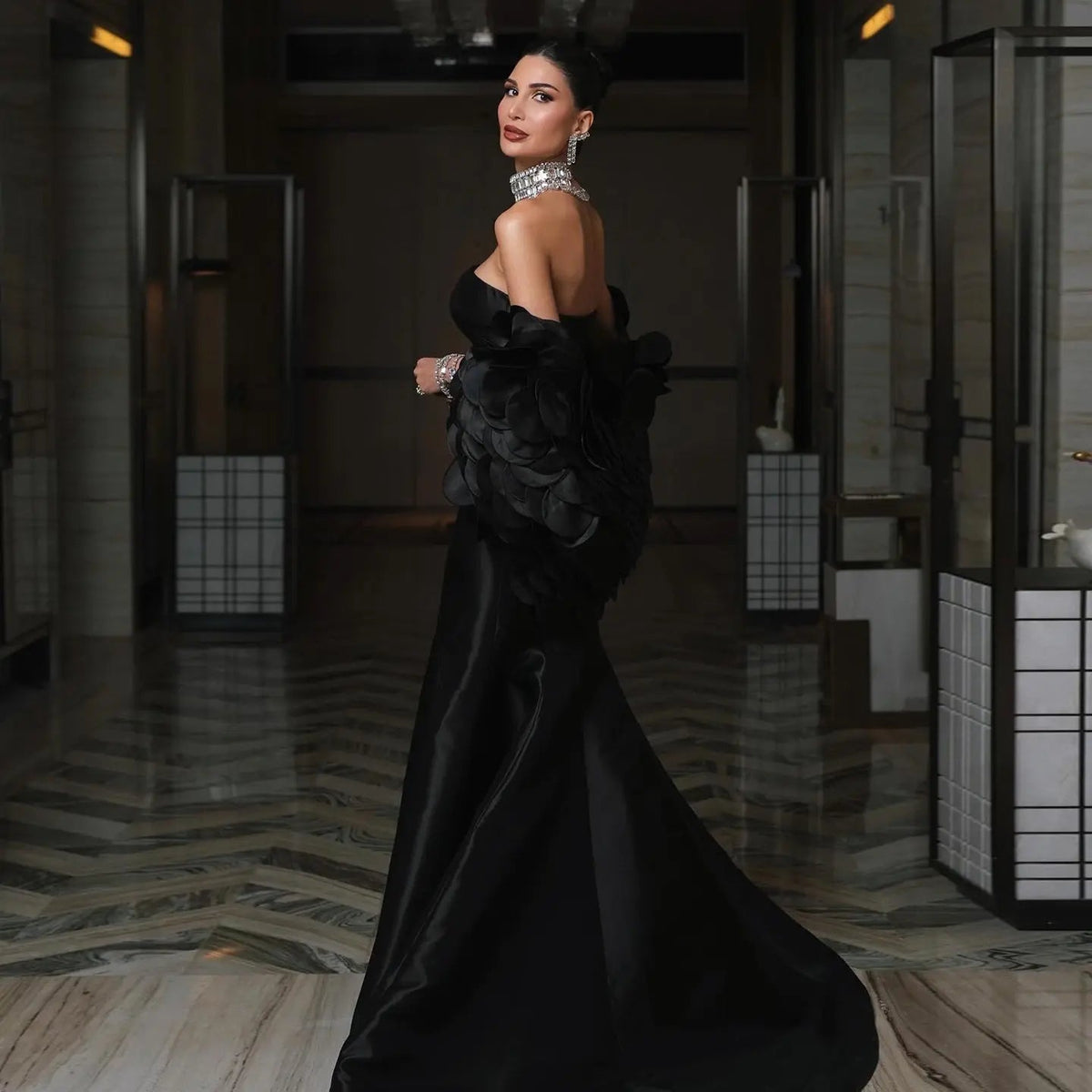 Luxury Black Strapless Mermaid Evening Dress with Petal Overlay SF 588