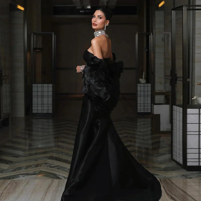 Luxury Black Strapless Mermaid Evening Dress with Petal Overlay SF 588