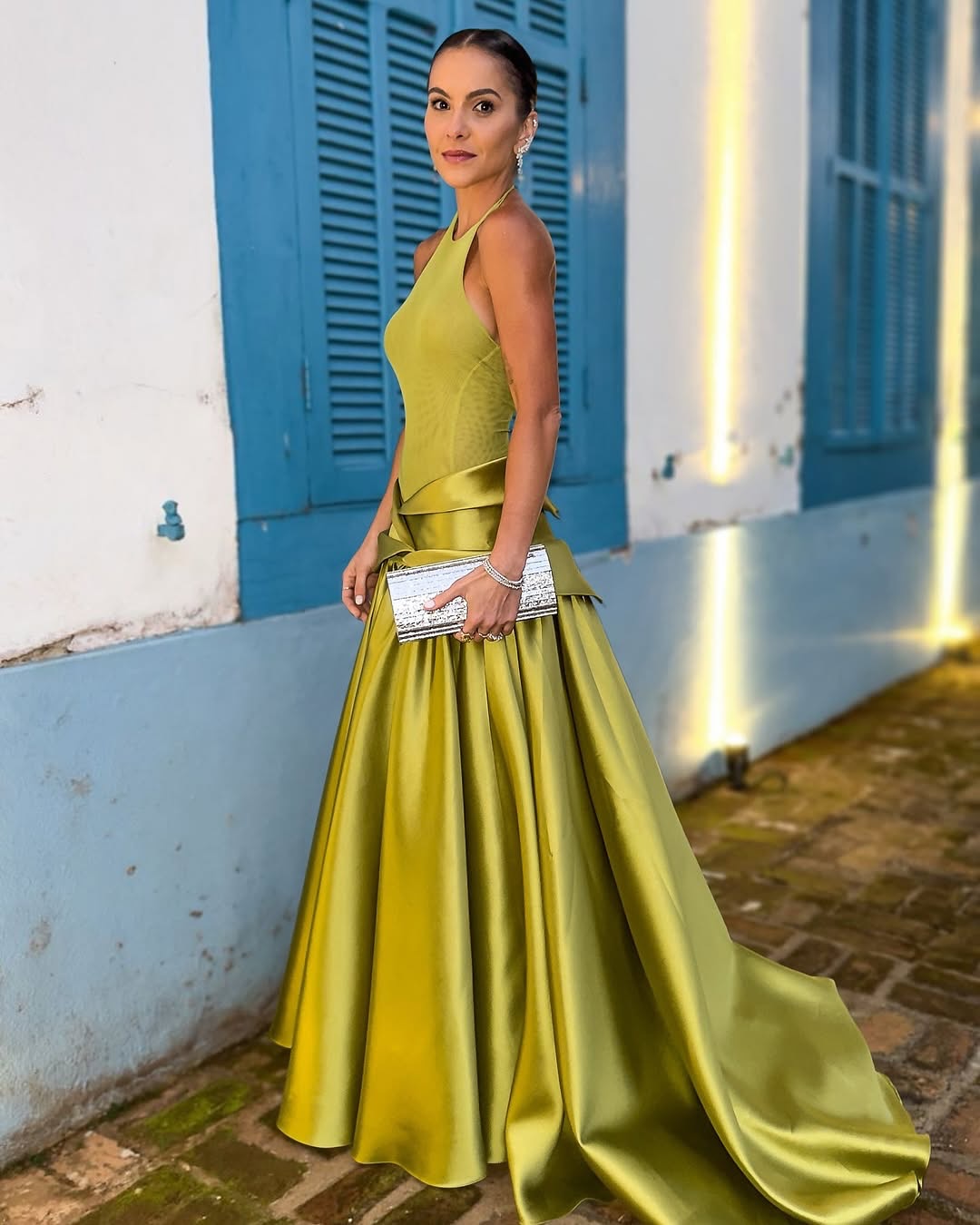 Luxury Olive Green Halter Neck Satin Ball Gown Evening Dress SF148