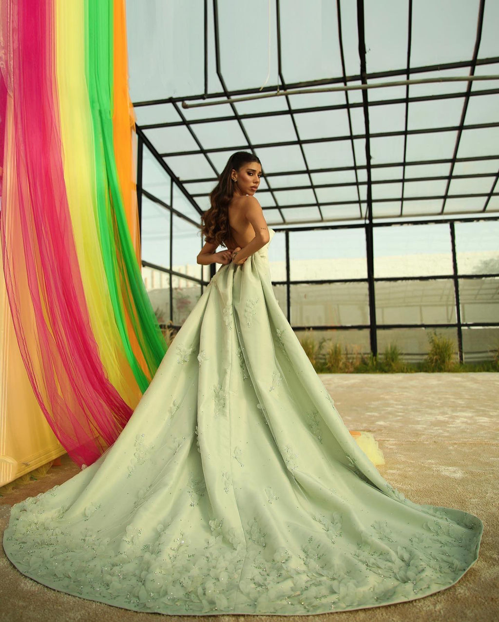 Luxury Crystal 3D Leaves Sage Green Sleeveless Evening Dress with Cape SS449