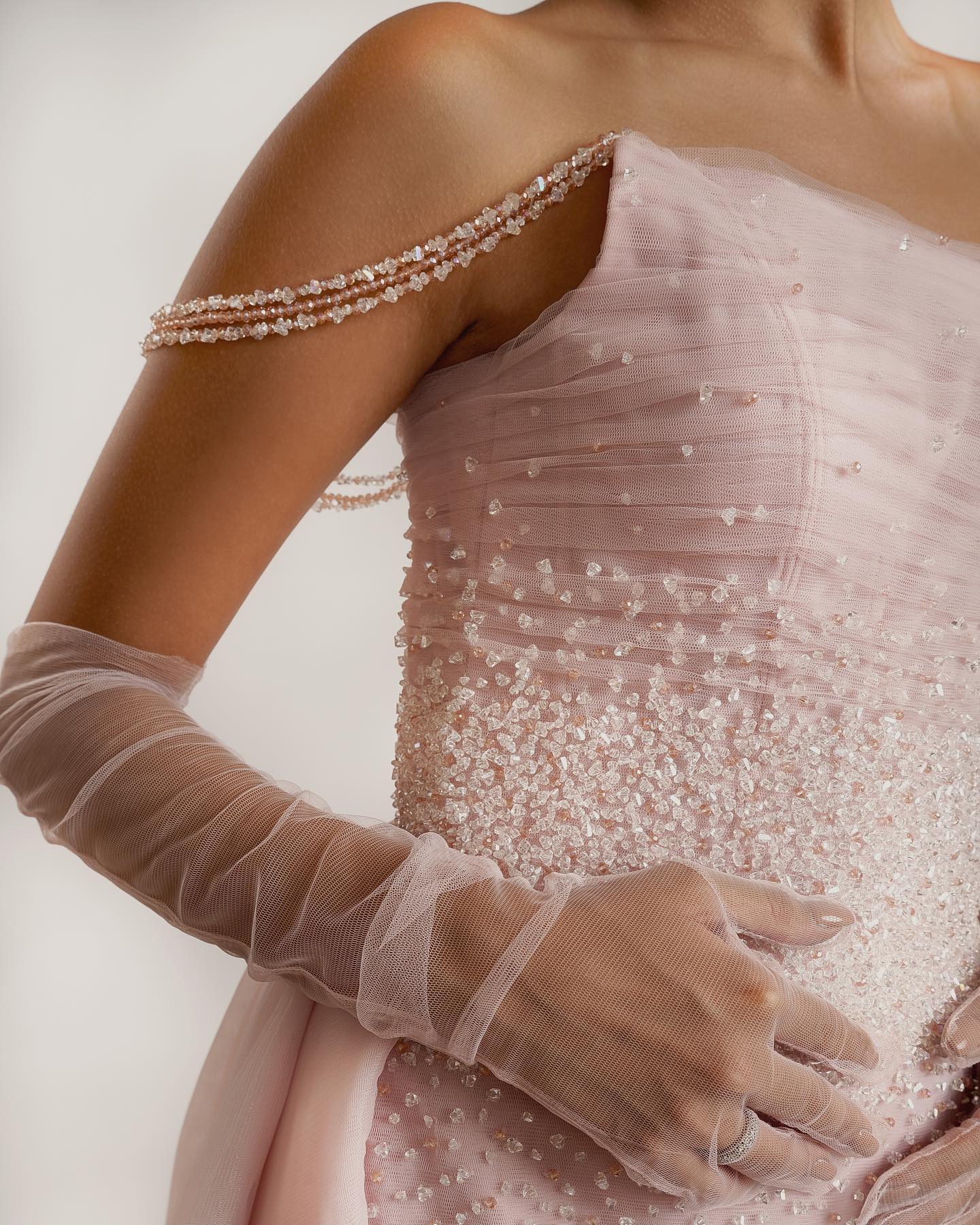 Luxury Beaded Pink Gloves Evening Dress with Overskirt SS429