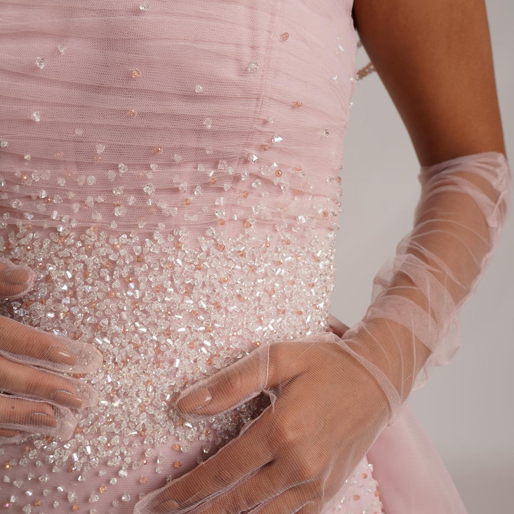 Luxury Beaded Pink Gloves Evening Dress with Overskirt SS429