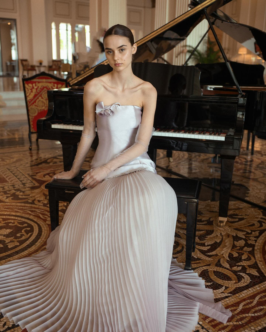 Elegant Light Pink Mermaid Evening Dress with Gloves SF094