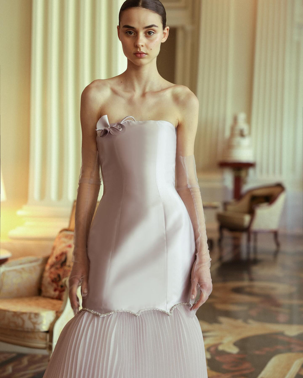 Elegant Light Pink Mermaid Evening Dress with Gloves SF094