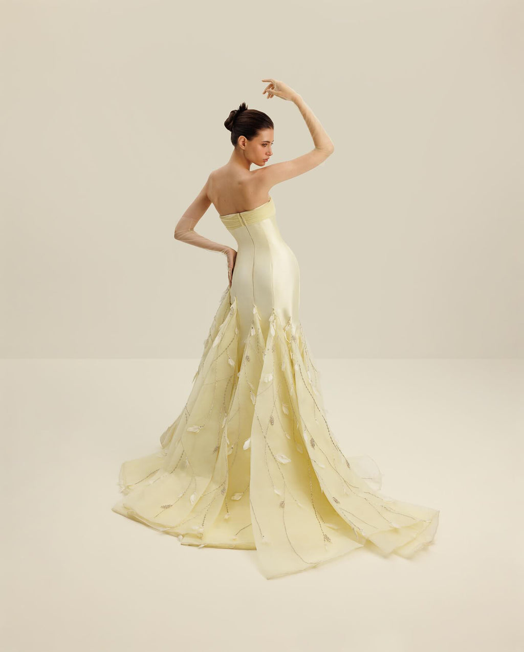 Glamorous Feather Yellow Evening Dress with Gloves SS748