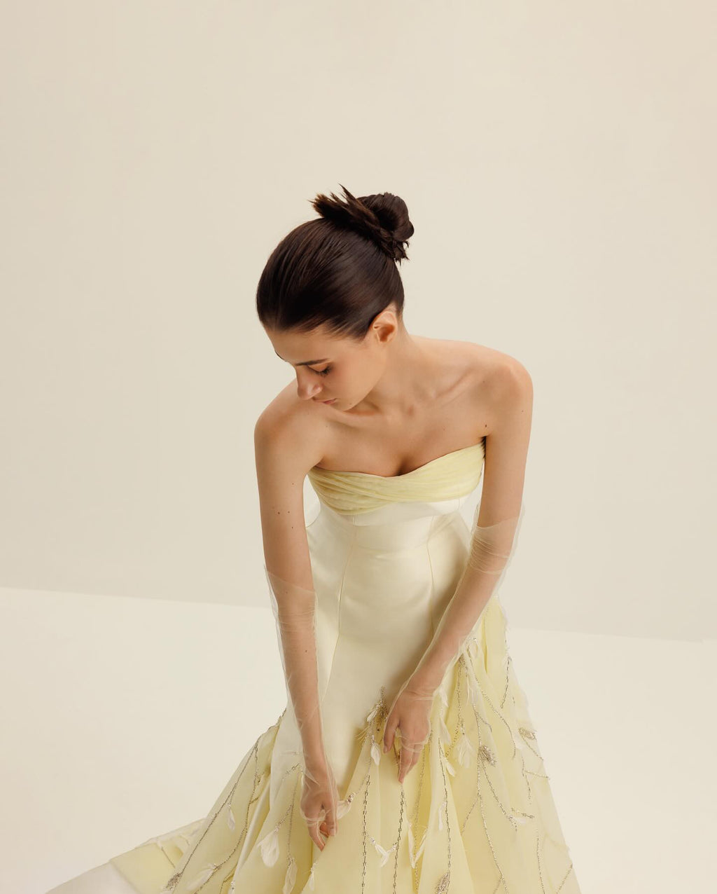 Glamorous Feather Yellow Evening Dress with Gloves SS748
