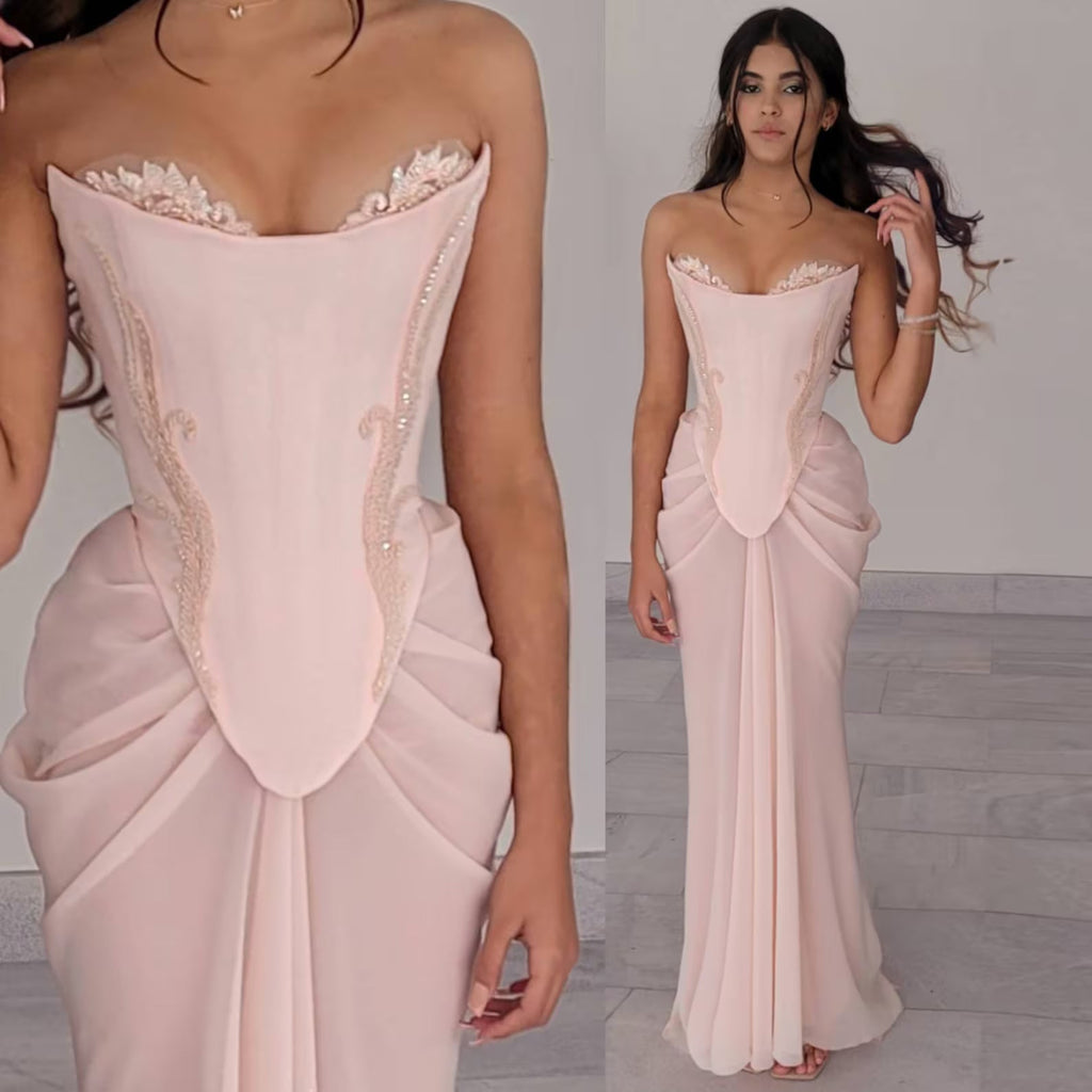 Pink Handmade Draped Strapless Chiffon Mermaid Evening Dress SF306