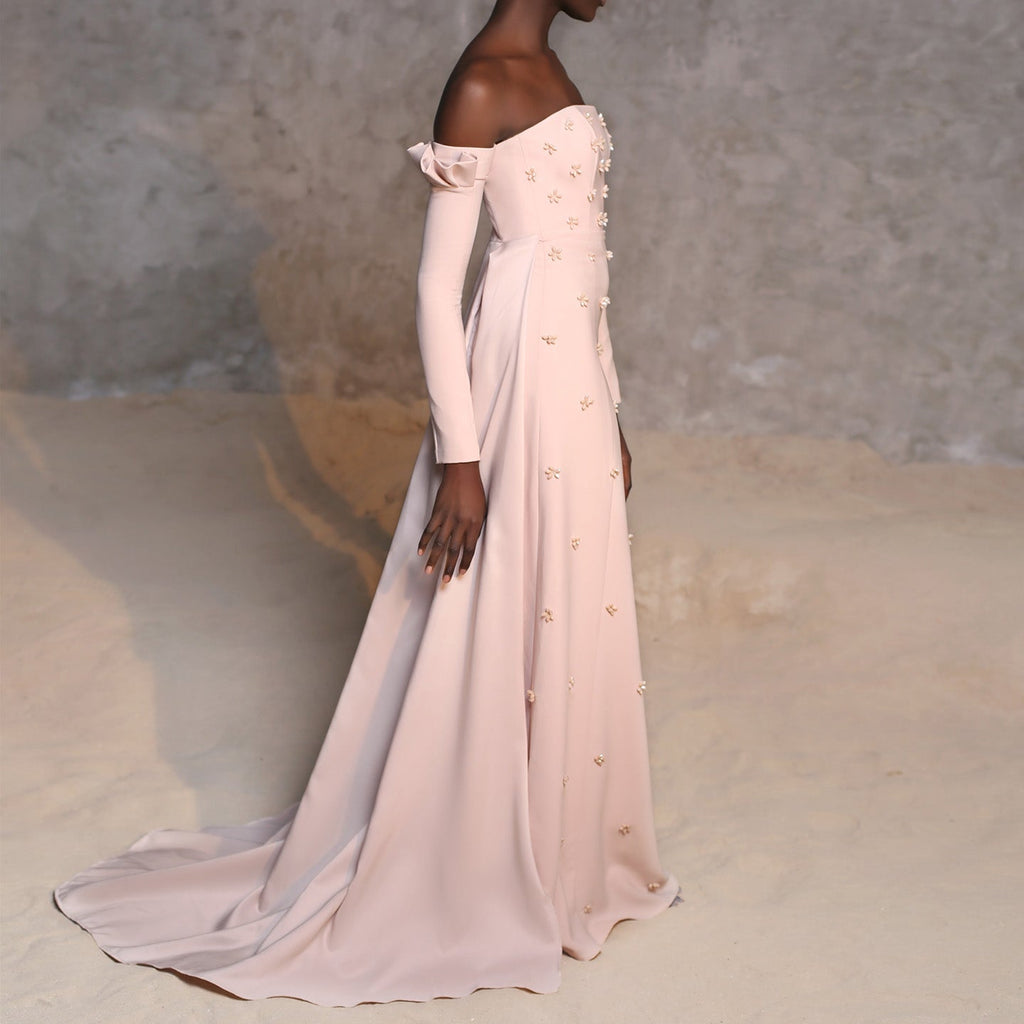 Elegant Strapless 3D Floral Beaded Pink Evening Dress SS540