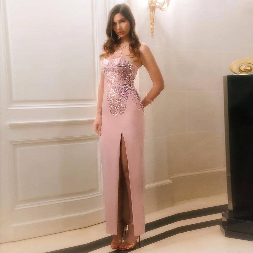 Elegant Crisscross Straps Pink Beaded Evening Dress with Slit SS476