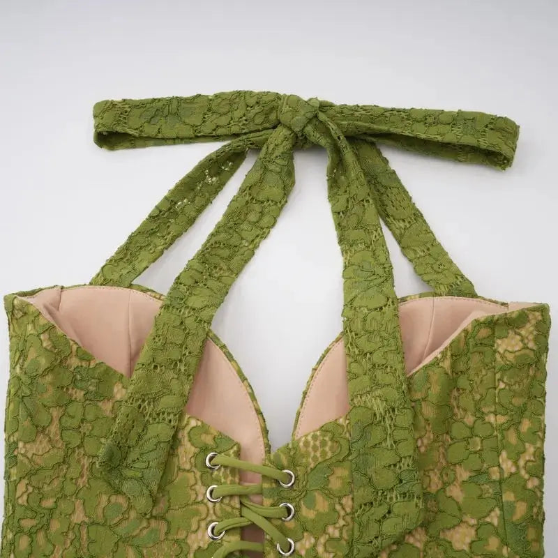 Luxury Green Halter Evening Dress with Lace Corset Bodice SF419