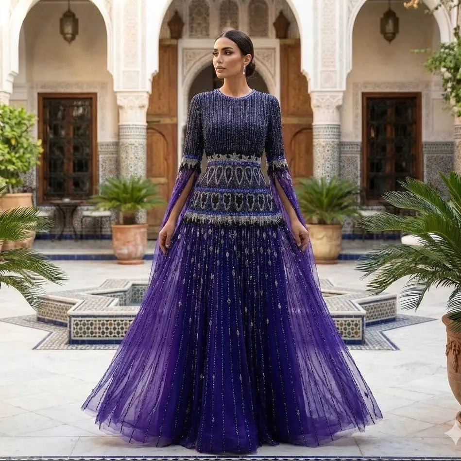Luxury Purple Beaded Crystal Cape Sleeve Evening Dress SS009