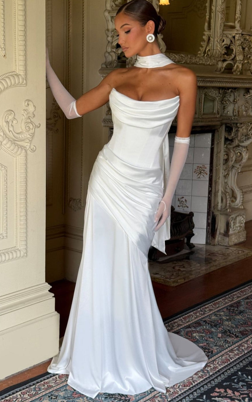 Elegant White Satin Mermaid Evening Dress with Gloves and Scarf SF028