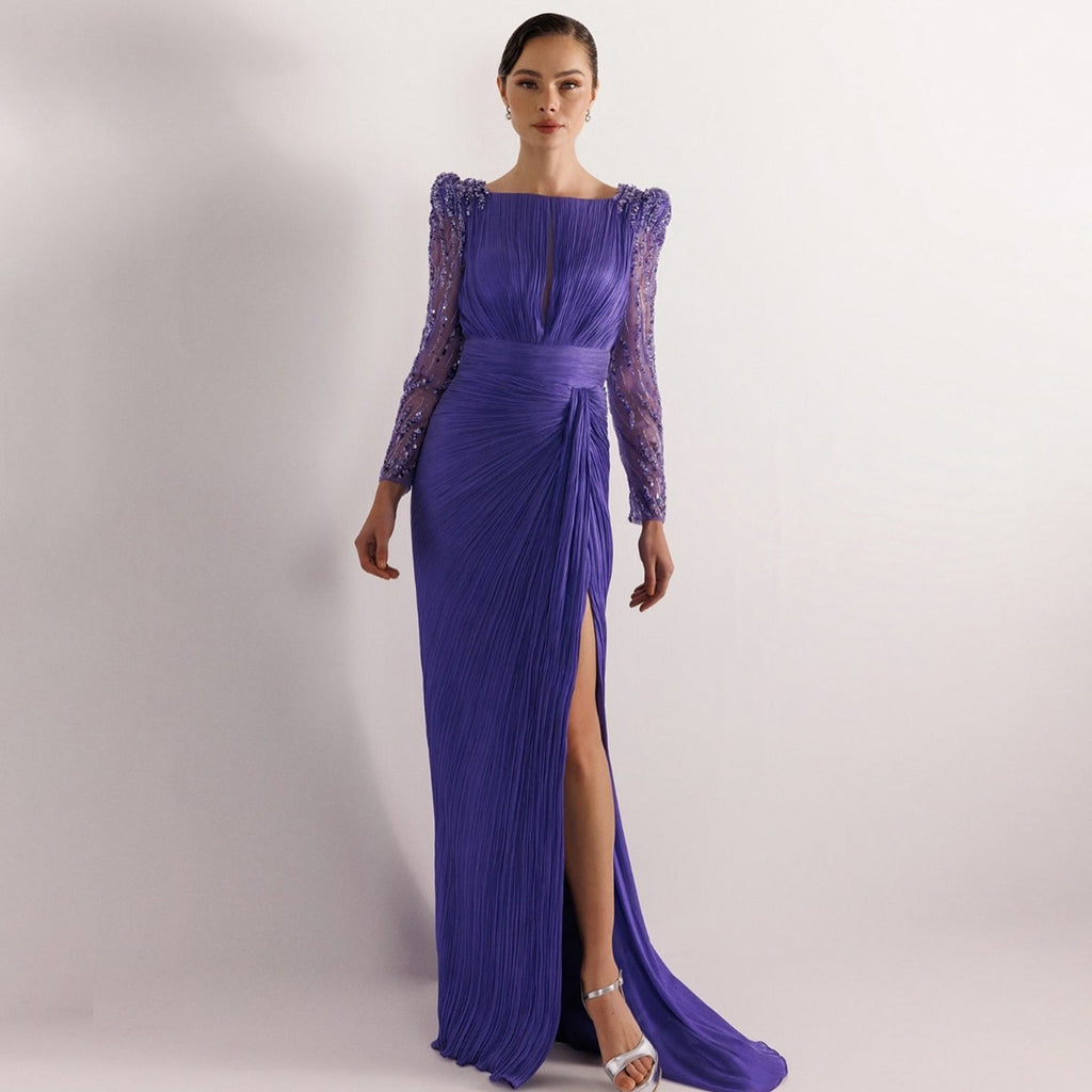 Luxury Beaded Long Sleeves Evening Dress with Overskirt SF410