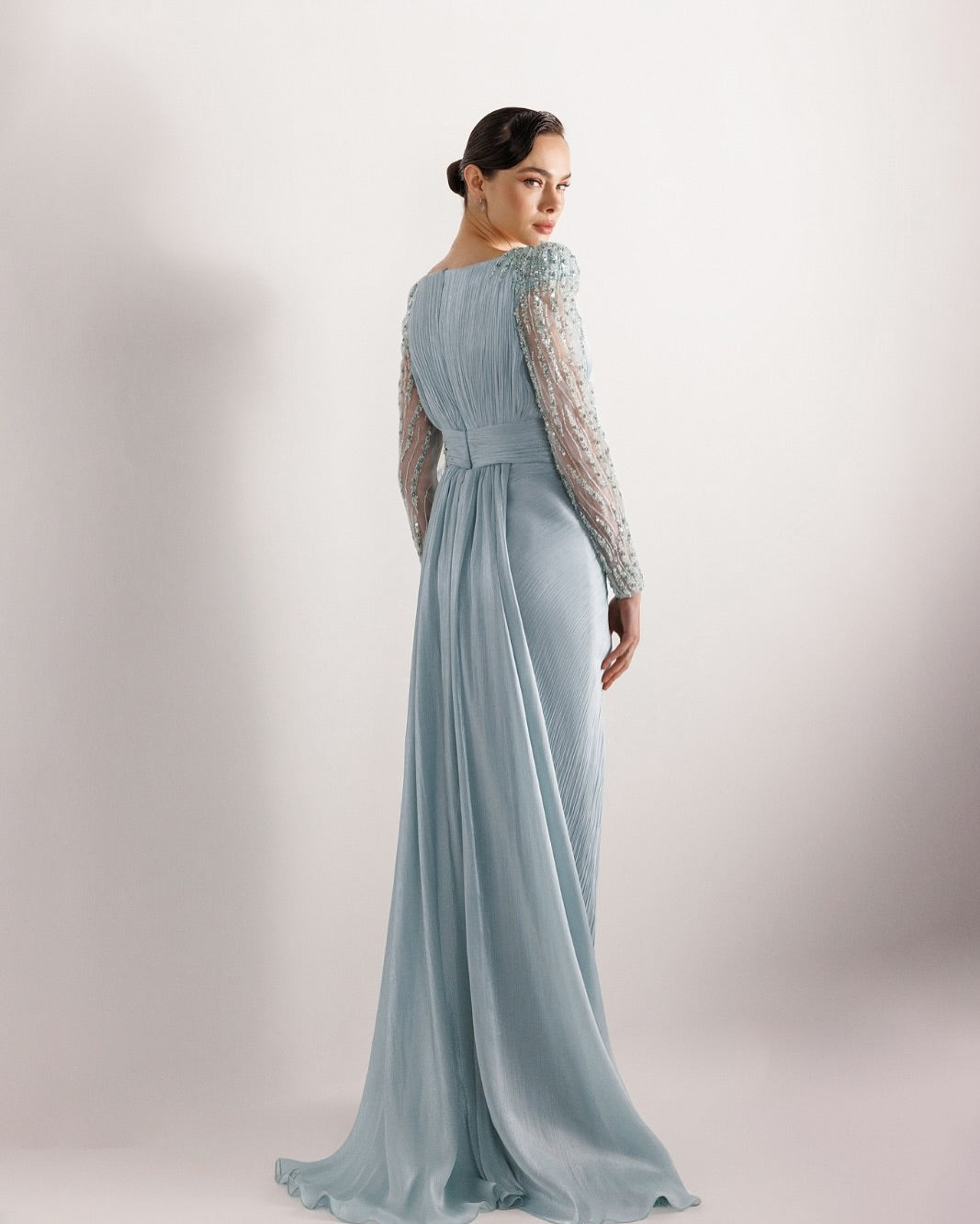 Luxury Beaded Long Sleeves Evening Dress with Overskirt SF410