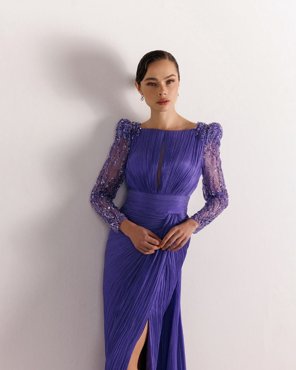 Luxury Beaded Long Sleeves Evening Dress with Overskirt SF410
