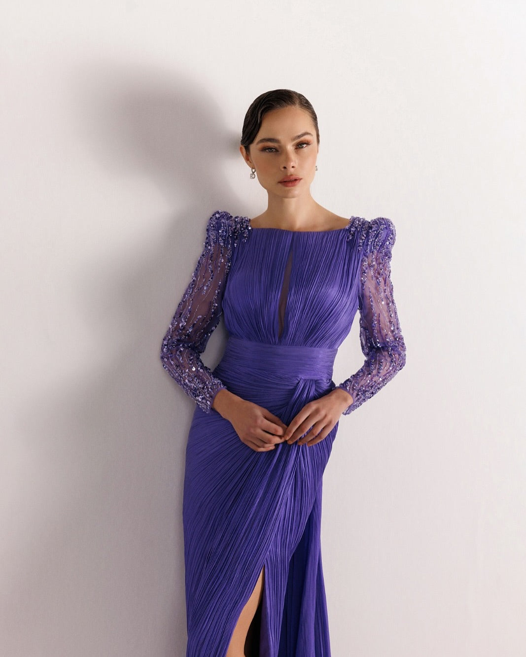 Luxury Beaded Long Sleeves Evening Dress with Overskirt SF410