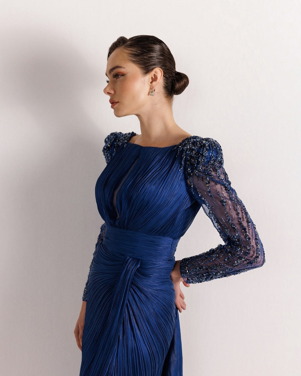 Luxury Beaded Long Sleeves Evening Dress with Overskirt SF410
