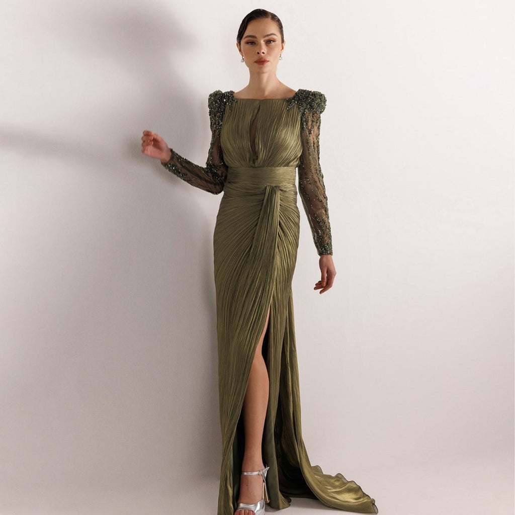 Luxury Beaded Long Sleeves Evening Dress with Overskirt SF410