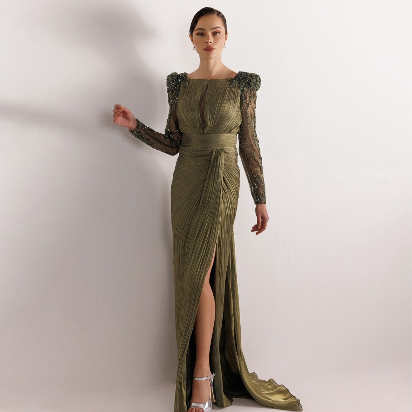 Luxury Beaded Long Sleeves Evening Dress with Overskirt SF410