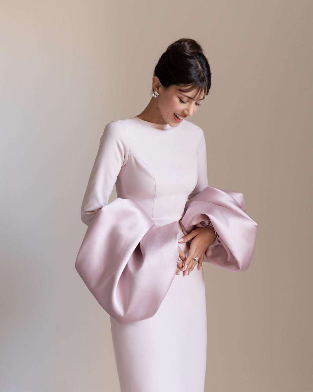 Elegant Pink Long Sleeves Satin Evening Dress SF161