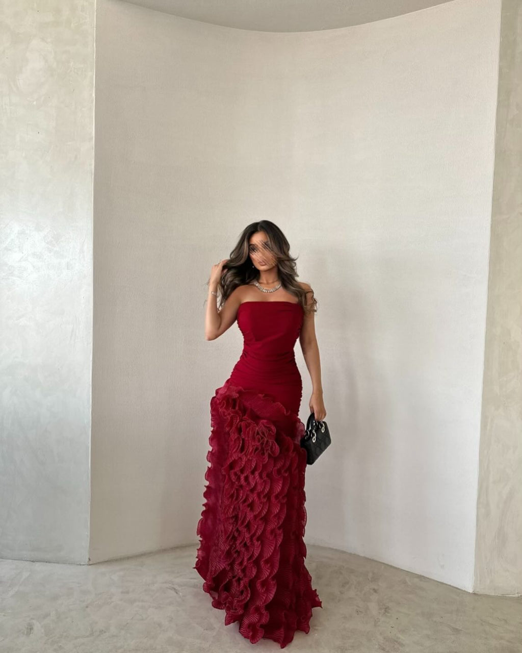 Luxury Burgundy Strapless Ruffles Mermaid Evening Dress SF410