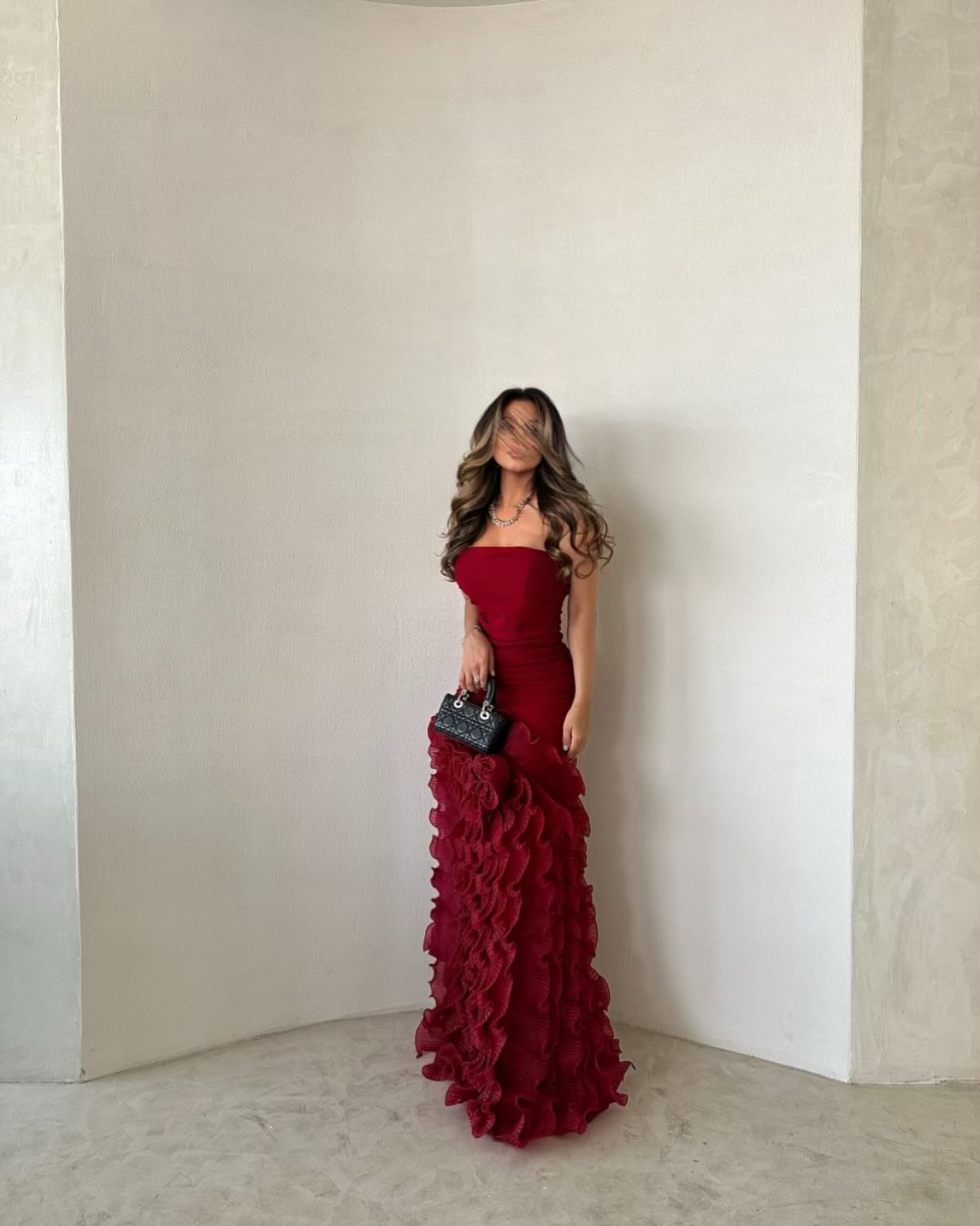 Luxury Burgundy Strapless Ruffles Mermaid Evening Dress SF410