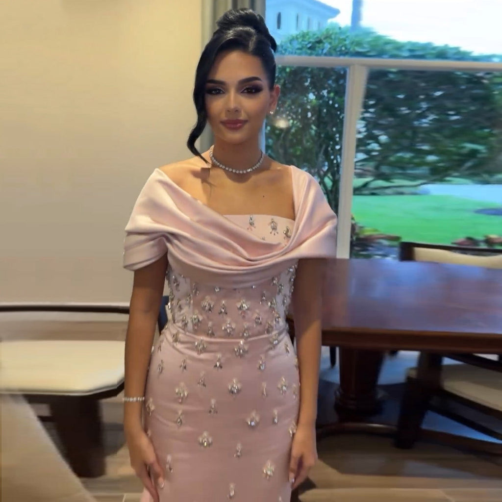 Luxury Crystal Pink Off Shoulder Satin Evening Dress SS500
