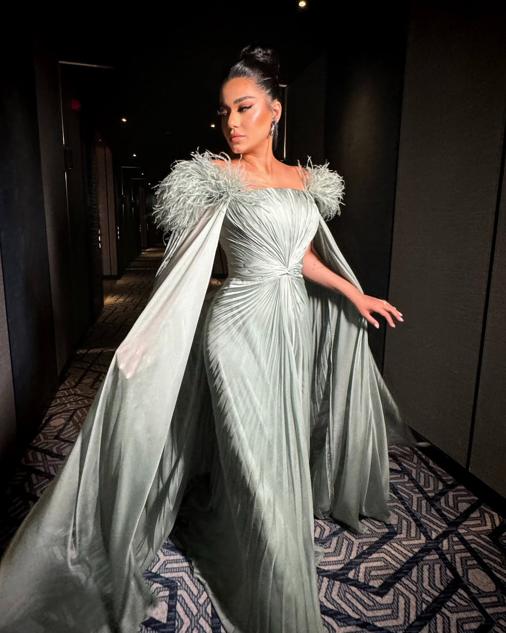 Luxury Sage Green Off-the-Shoulder Feather Evening Dress with Cape Sleeve SF599