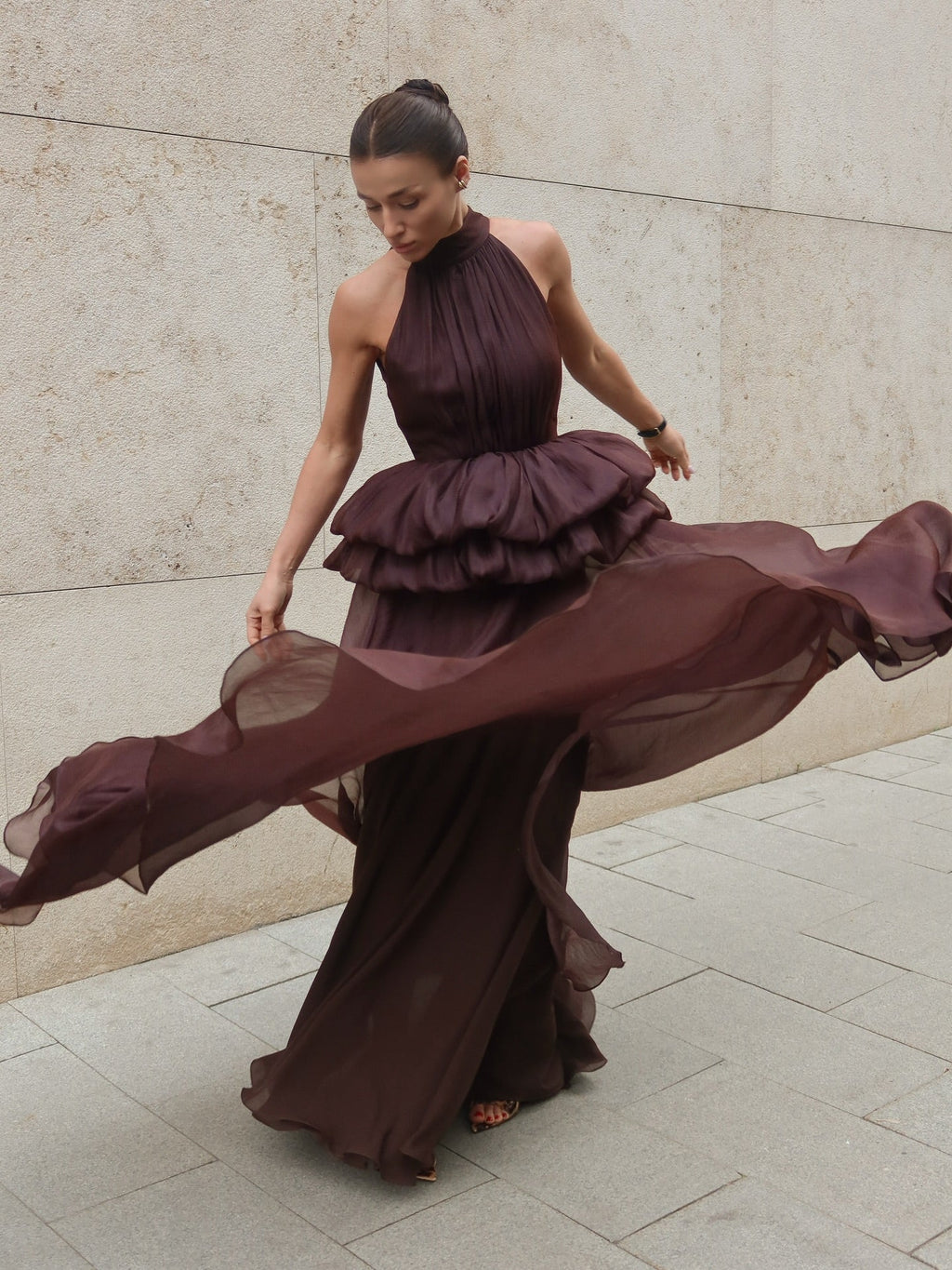 Luxury Maroon Halter Neck Bloom Skirt Evening Dress SF433