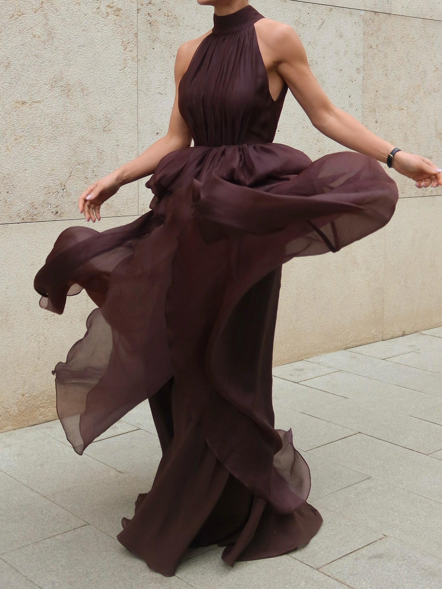 Luxury Maroon Halter Neck Bloom Skirt Evening Dress SF433