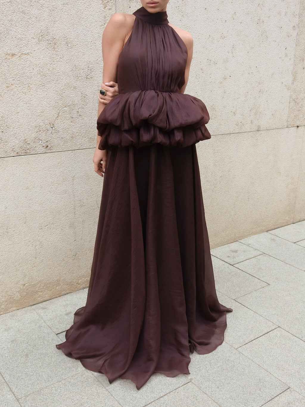 Luxury Maroon Halter Neck Bloom Skirt Evening Dress SF433