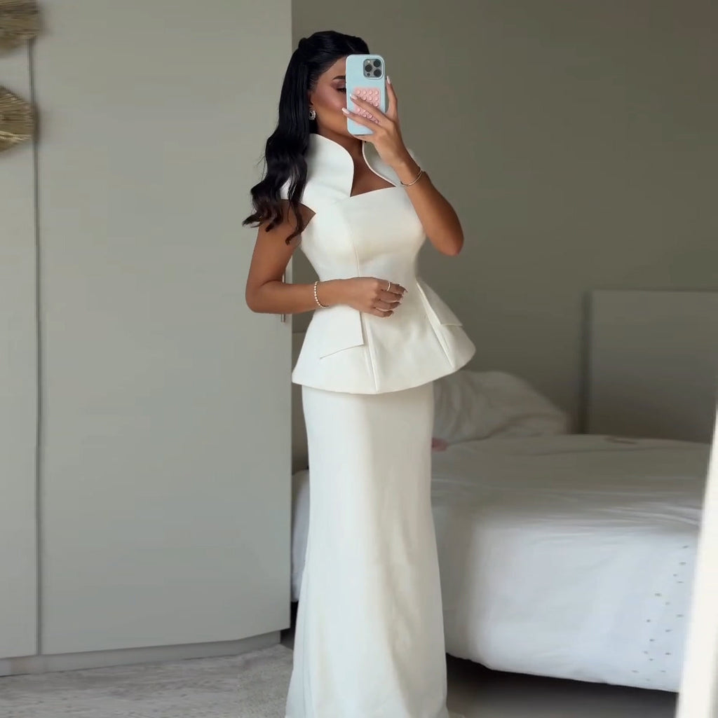 Modern White Structured Peplum Tailored Evening Dress SF207