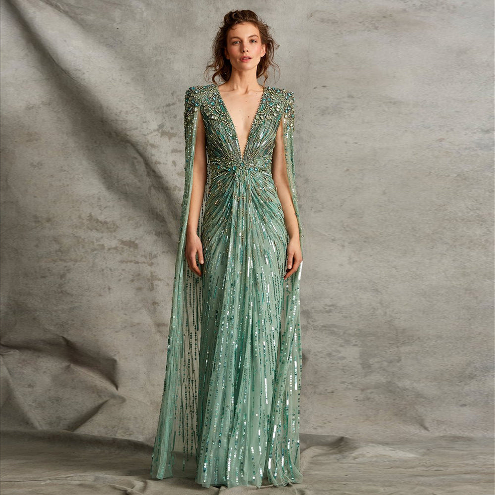 Luxury Crystal Sage Green V-Neck Evening Dresses with Cape SS399