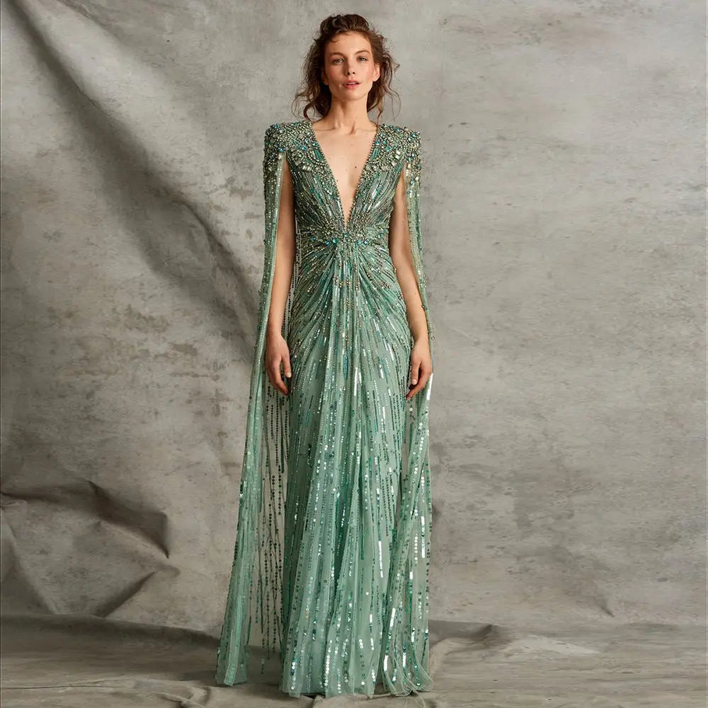 Luxury Dubai Green Evening Dresses with Cape Fuchsia Crystal Gold SS399