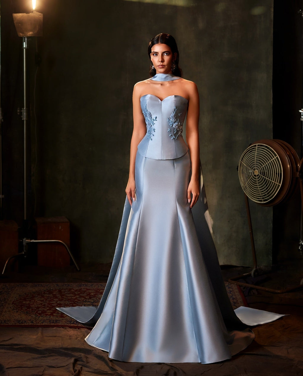 Graceful 3D Floral Blue Mermaid Evening Dress with Scarf SS245