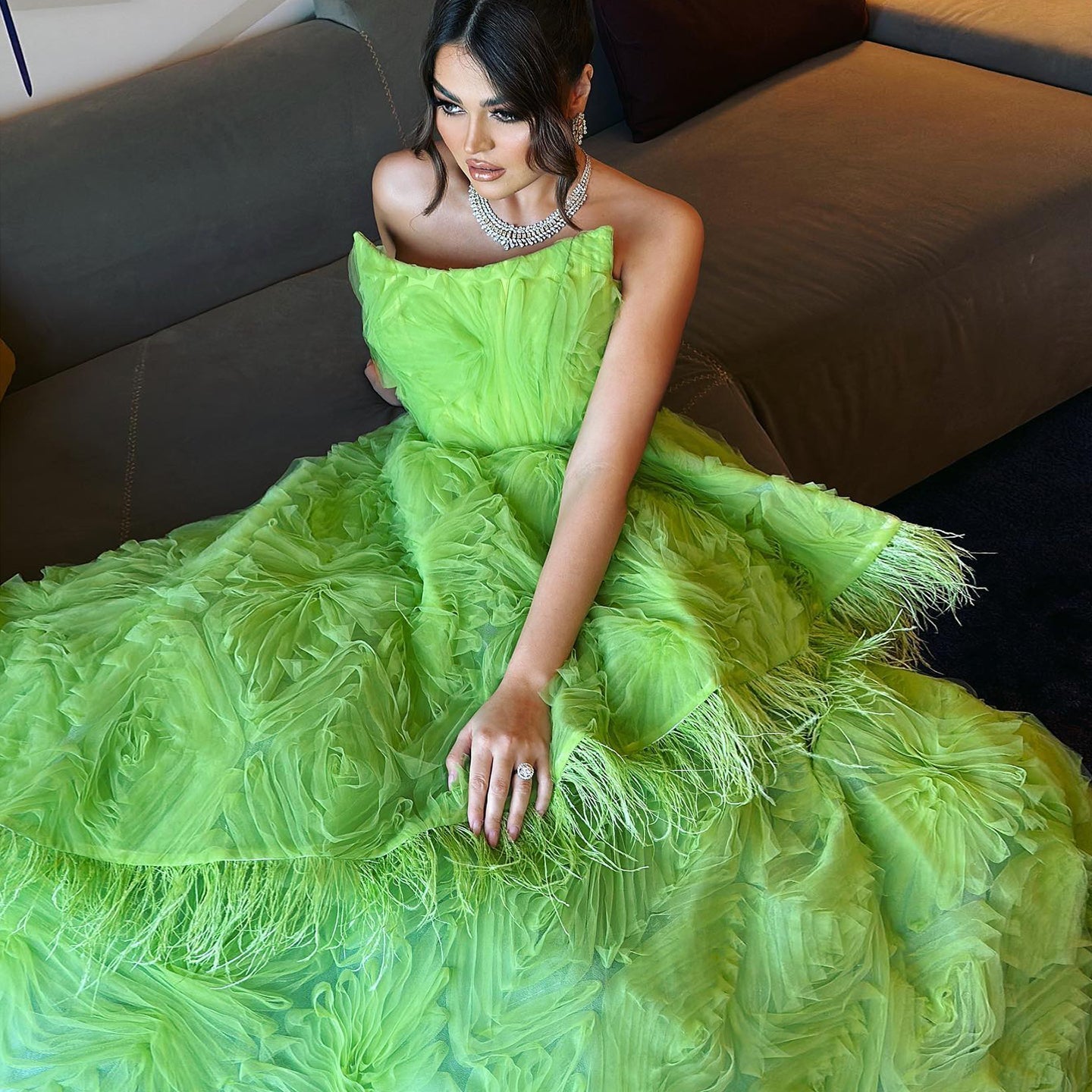 Luxury Feather 3D Floral Lemon Green Strapless Evening Dress SF034
