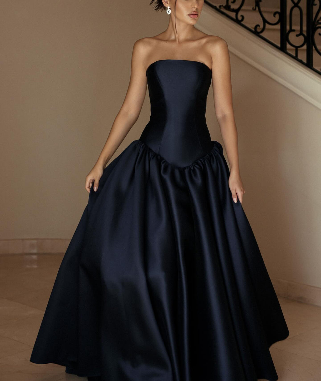 Elegant Strapless Dark Navy A-Line Evening Dress SF480