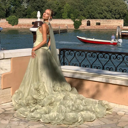 Glamorous Mint Green Strapless Tulle Evening Dress with Cape SF 300