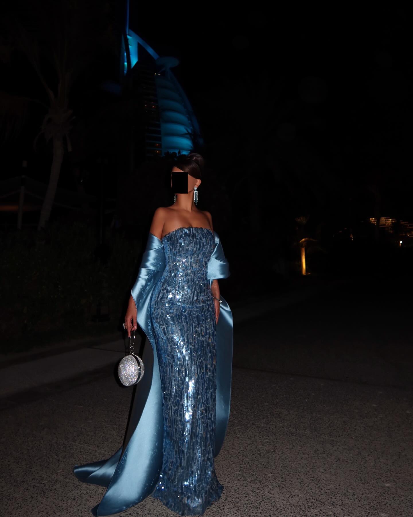 Luxury Turquoise Blue Sequined Evening Dress with Cape SF165