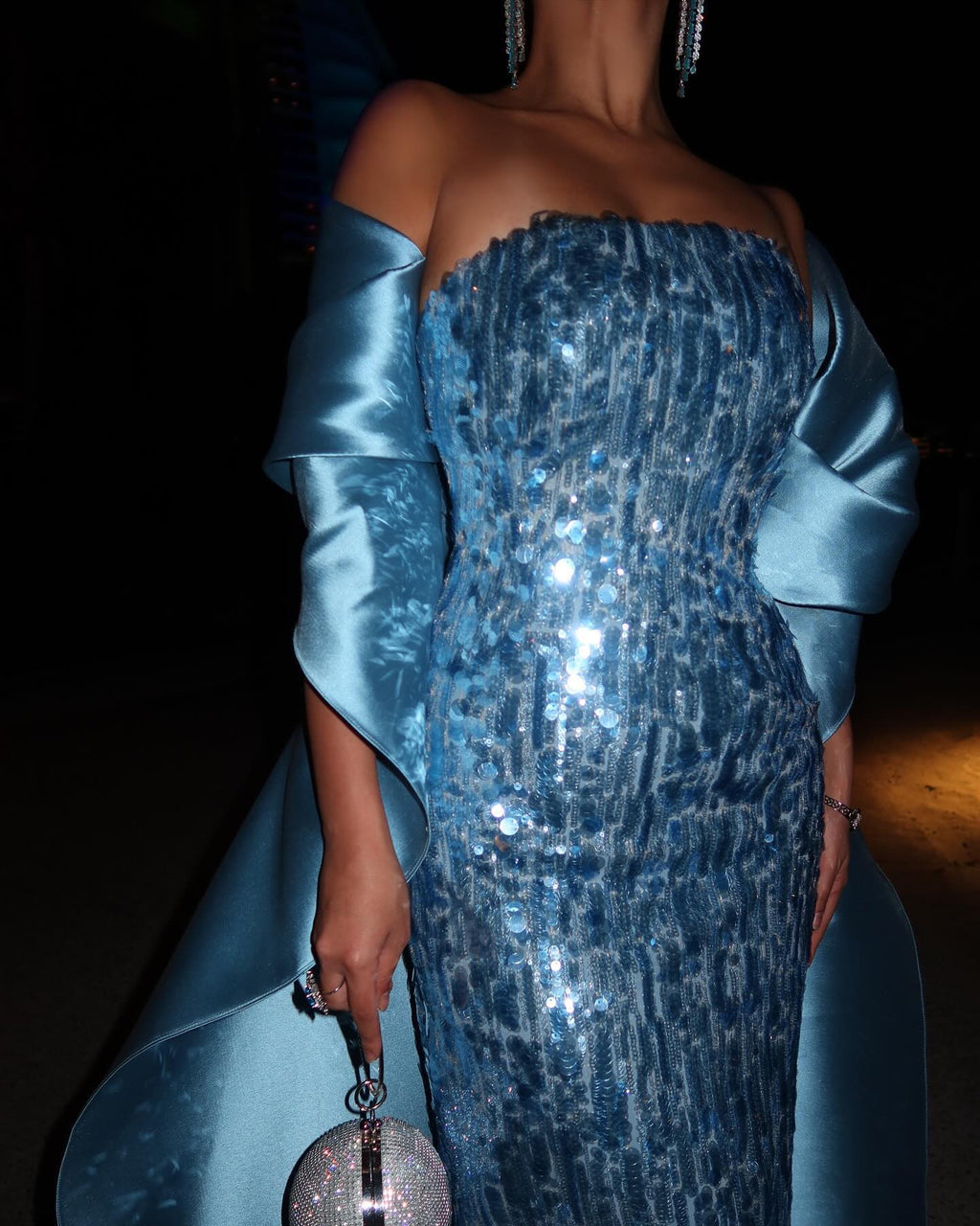Luxury Turquoise Blue Sequined Evening Dress with Cape SF165