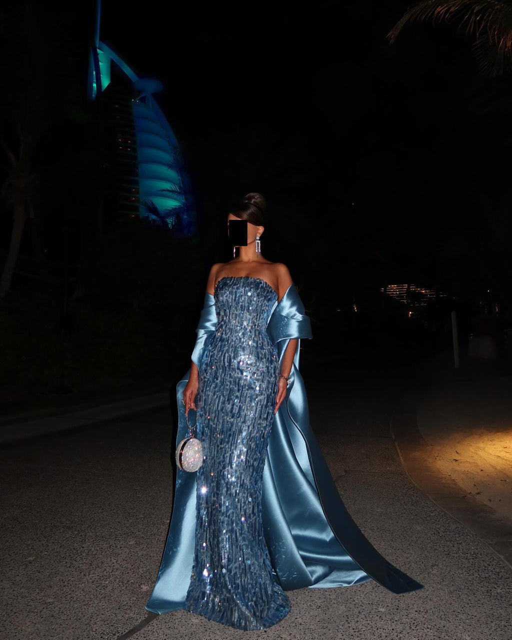 Luxury Turquoise Blue Sequined Evening Dress with Cape SF165