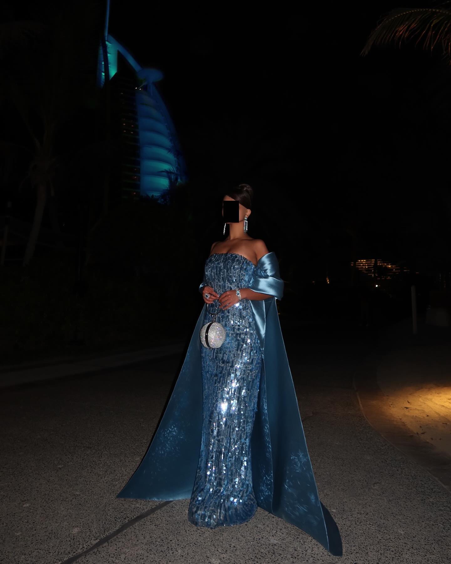 Luxury Turquoise Blue Sequined Evening Dress with Cape SF165