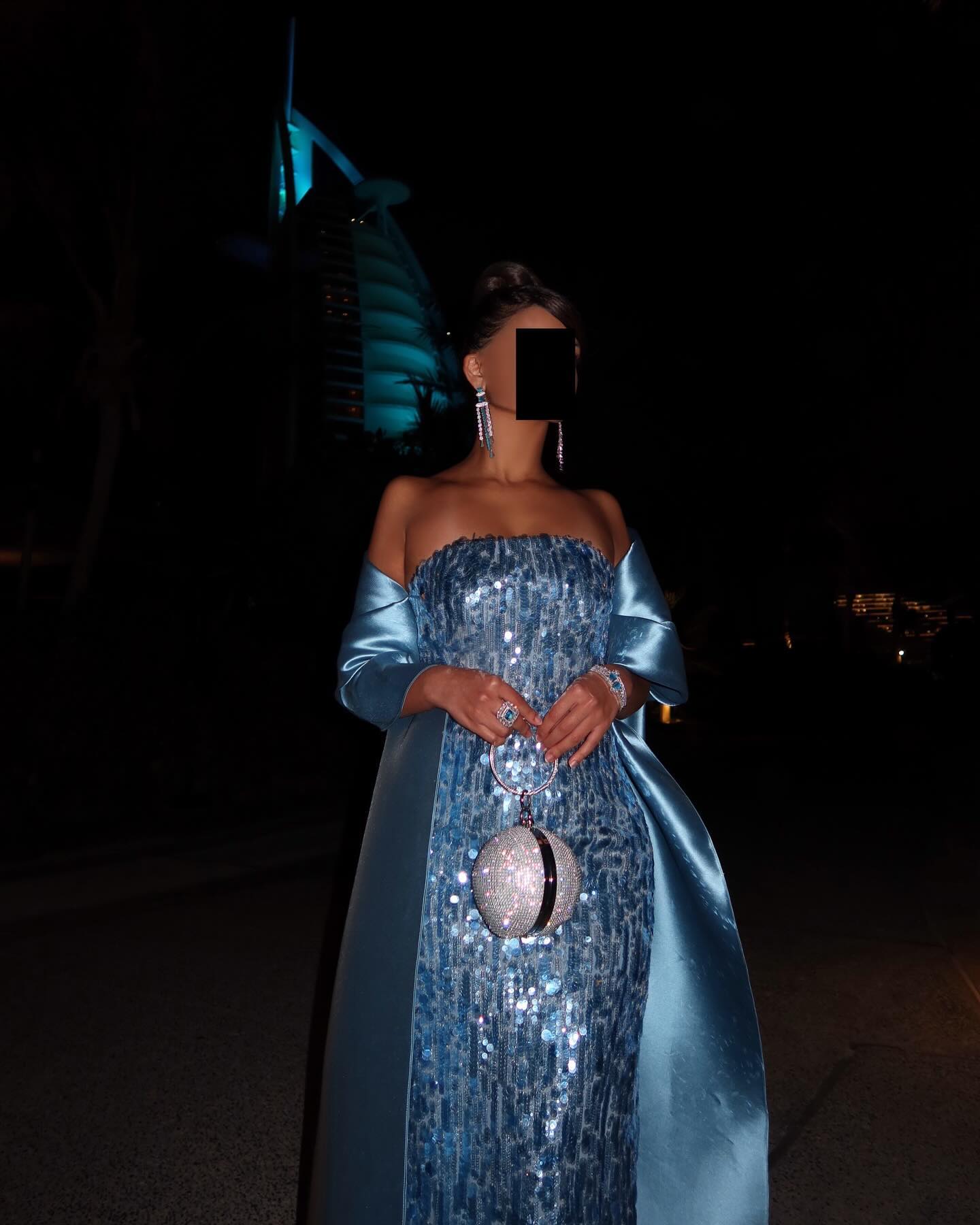Luxury Turquoise Blue Sequined Evening Dress with Cape SF165