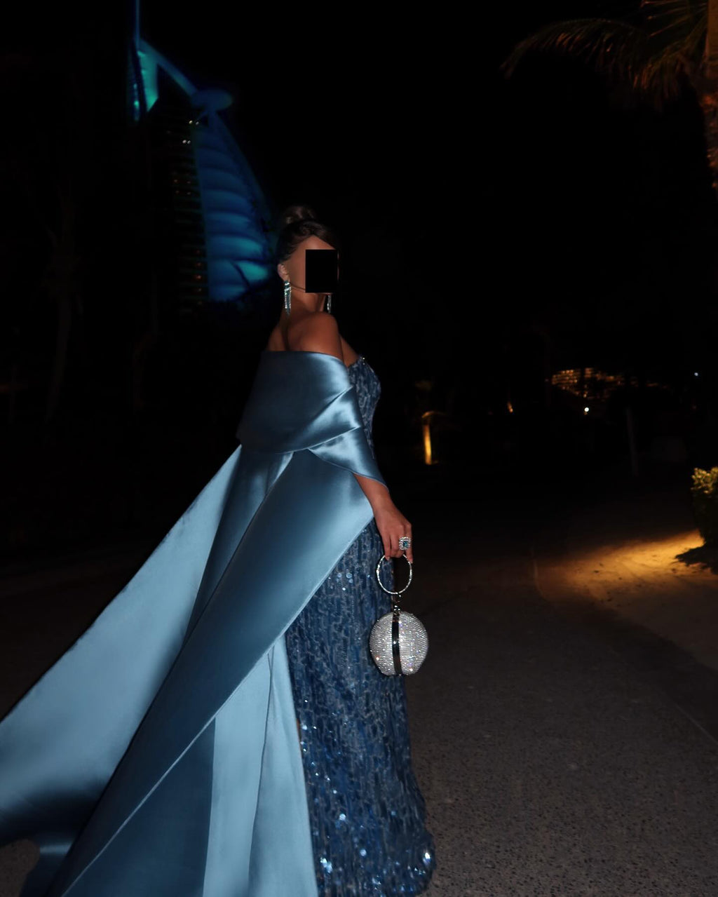 Luxury Turquoise Blue Sequined Evening Dress with Cape SF165