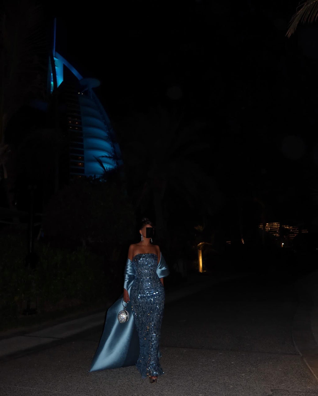 Luxury Turquoise Blue Sequined Evening Dress with Cape SF165