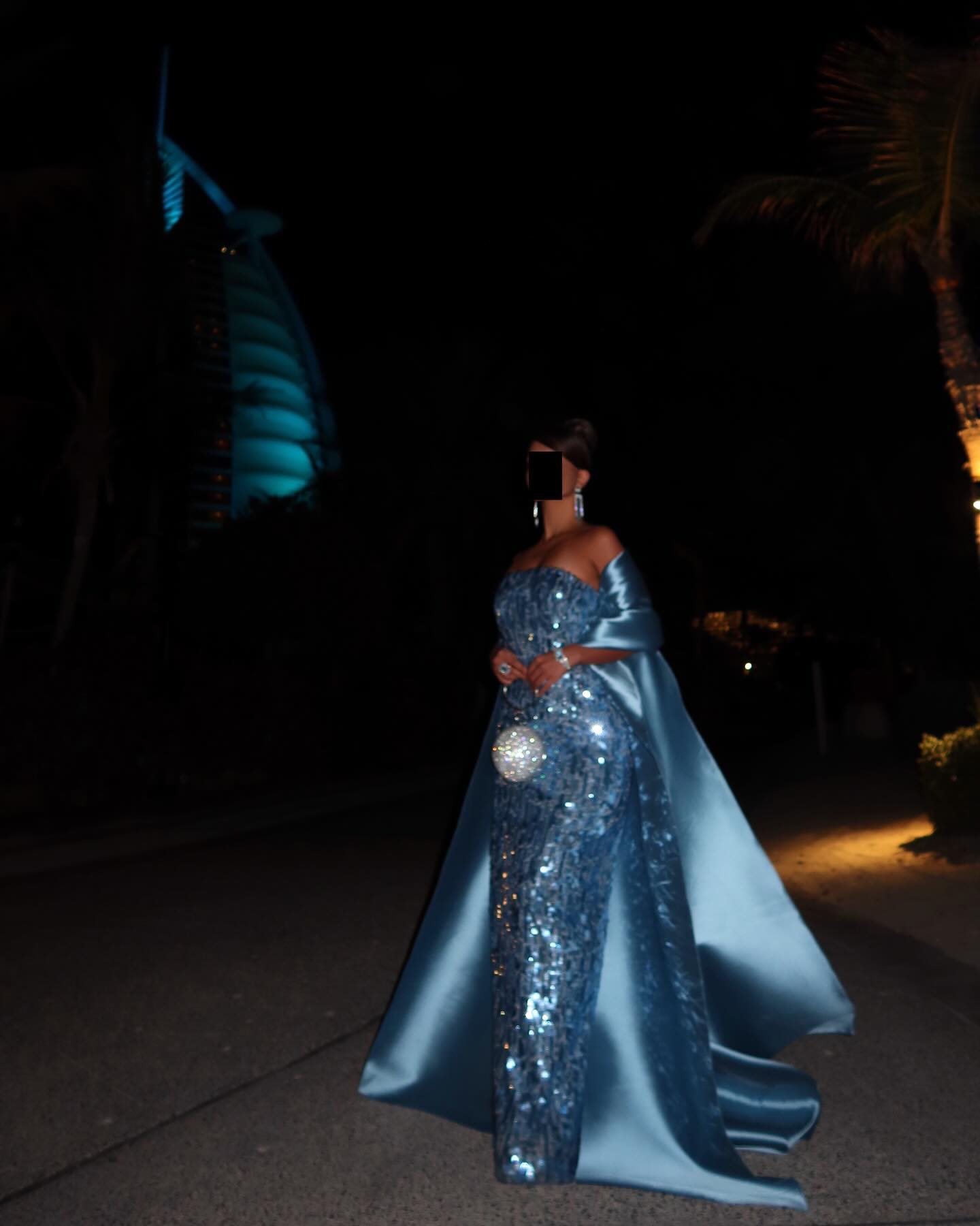 Luxury Turquoise Blue Sequined Evening Dress with Cape SF165