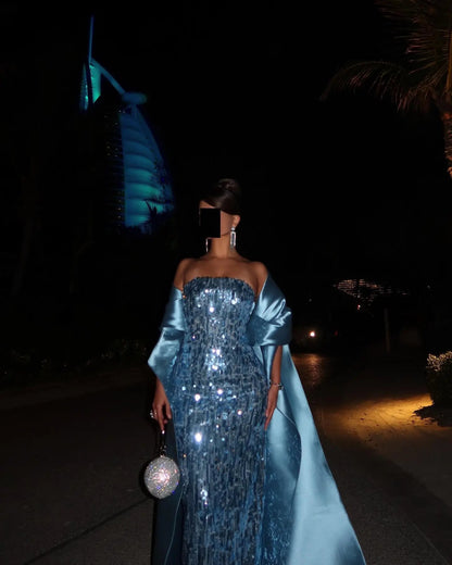 Dreamy Strapless Sequin Evening Dress with Satin Cape Overlay SF165