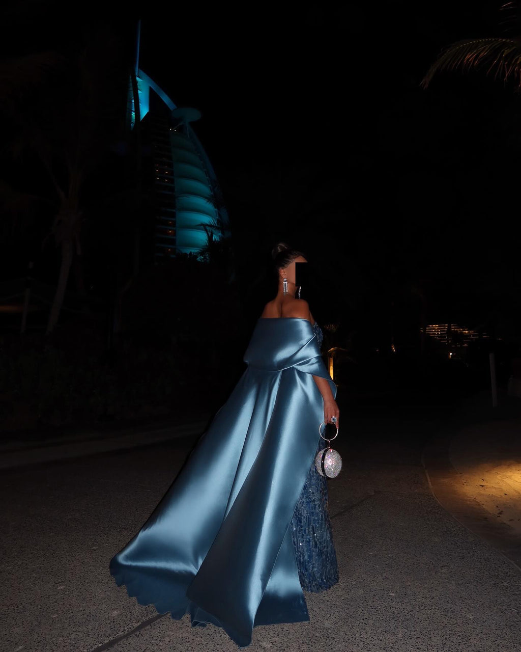 Luxury Turquoise Blue Sequined Evening Dress with Cape SF165