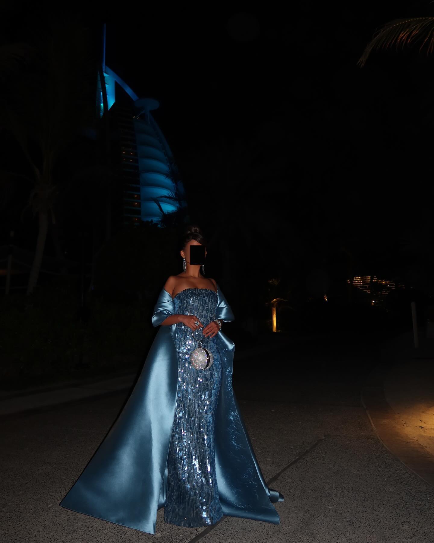 Luxury Turquoise Blue Sequined Evening Dress with Cape SF165