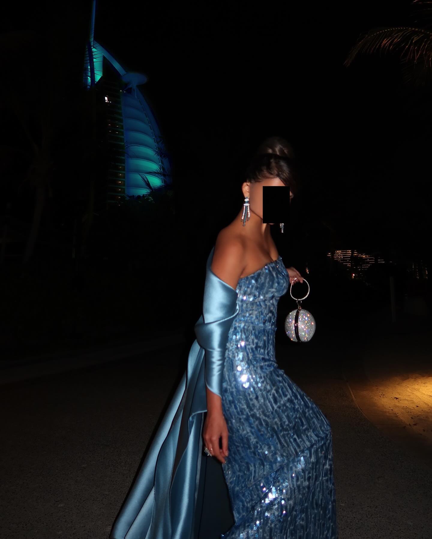 Luxury Turquoise Blue Sequined Evening Dress with Cape SF165
